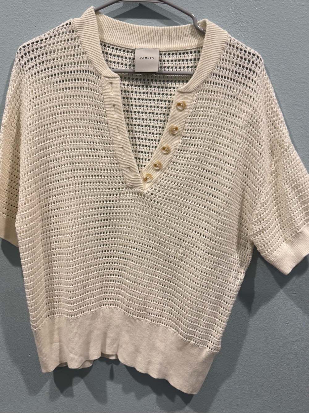 Varley Cream Open-Knit V-Neck Button Pullover